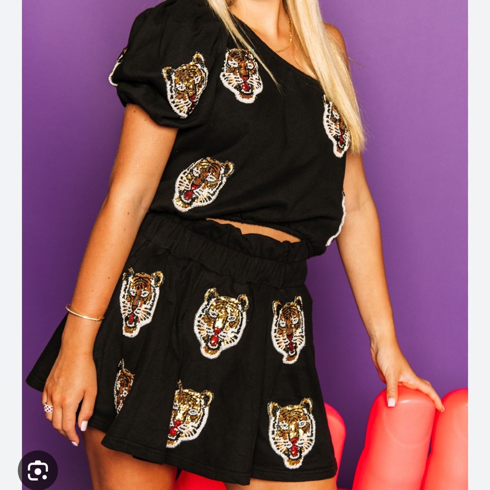 Queen Of Sparkles Black Embellished One Shoulder Top with Tigers